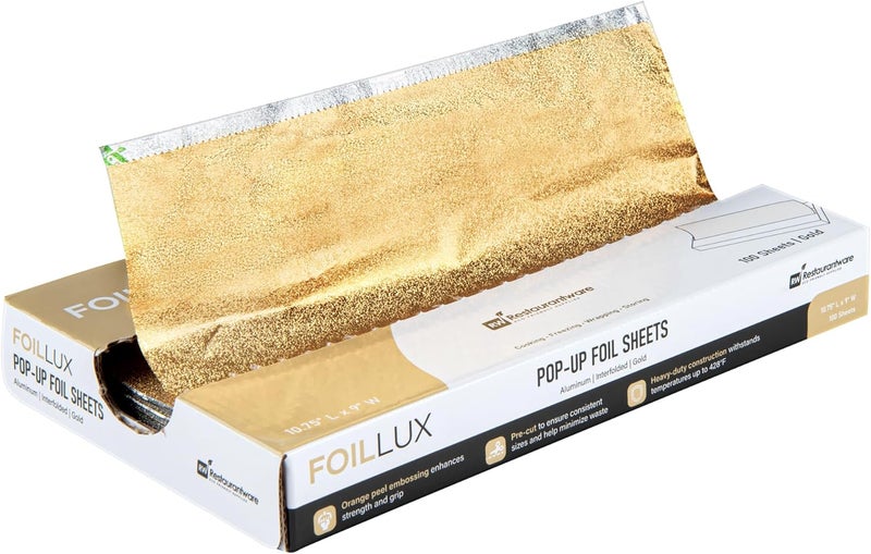 Restaurantware Lux PopUp Foil Sheets  108 x 9 Inch 100 Gold Embossed Aluminum Foil Papers Greaseproof Freezable  Oven Ready - Image 1