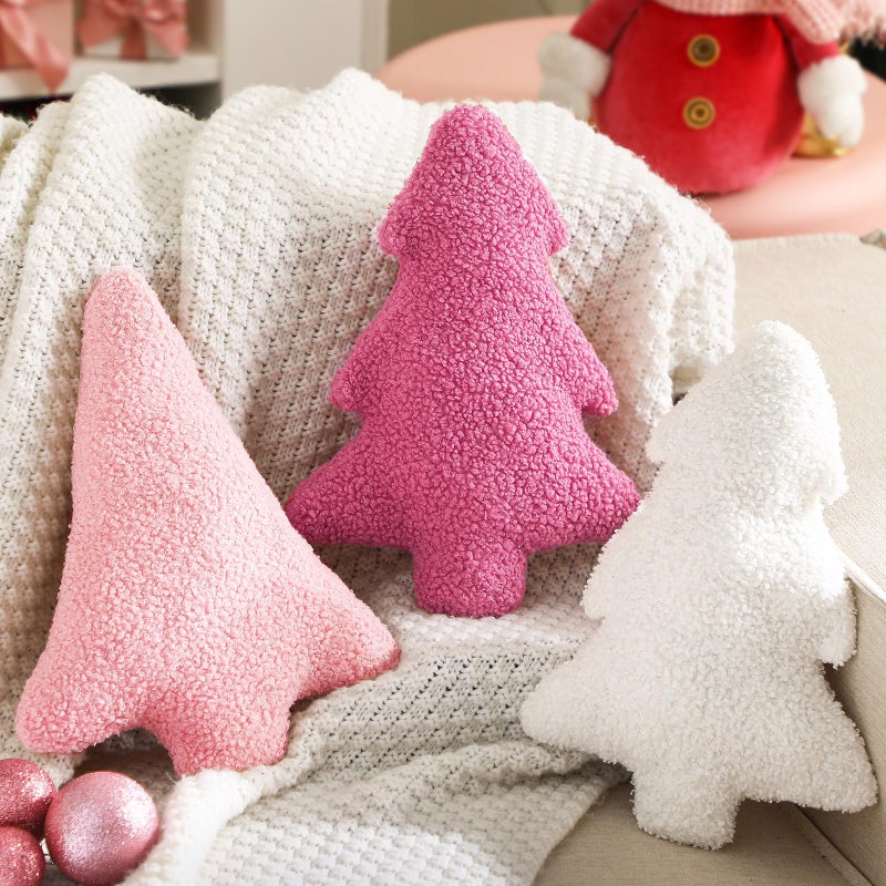Shappy 3 Pcs Pink Christmas Tree Throw Pillows Cute Pink Decorative Pillows for Home Bedroom Couch Decorations Festive Gift - Image 2