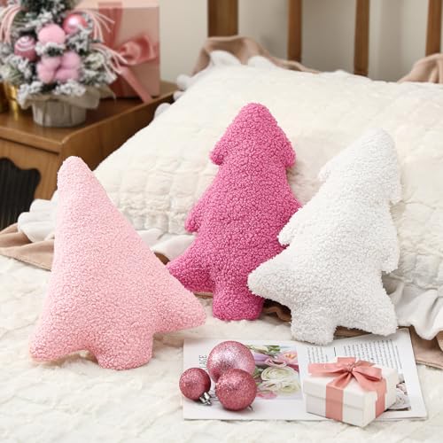 Shappy 3 Pcs Pink Christmas Tree Throw Pillows Cute Pink Decorative Pillows for Home Bedroom Couch Decorations Festive Gift - Image 3