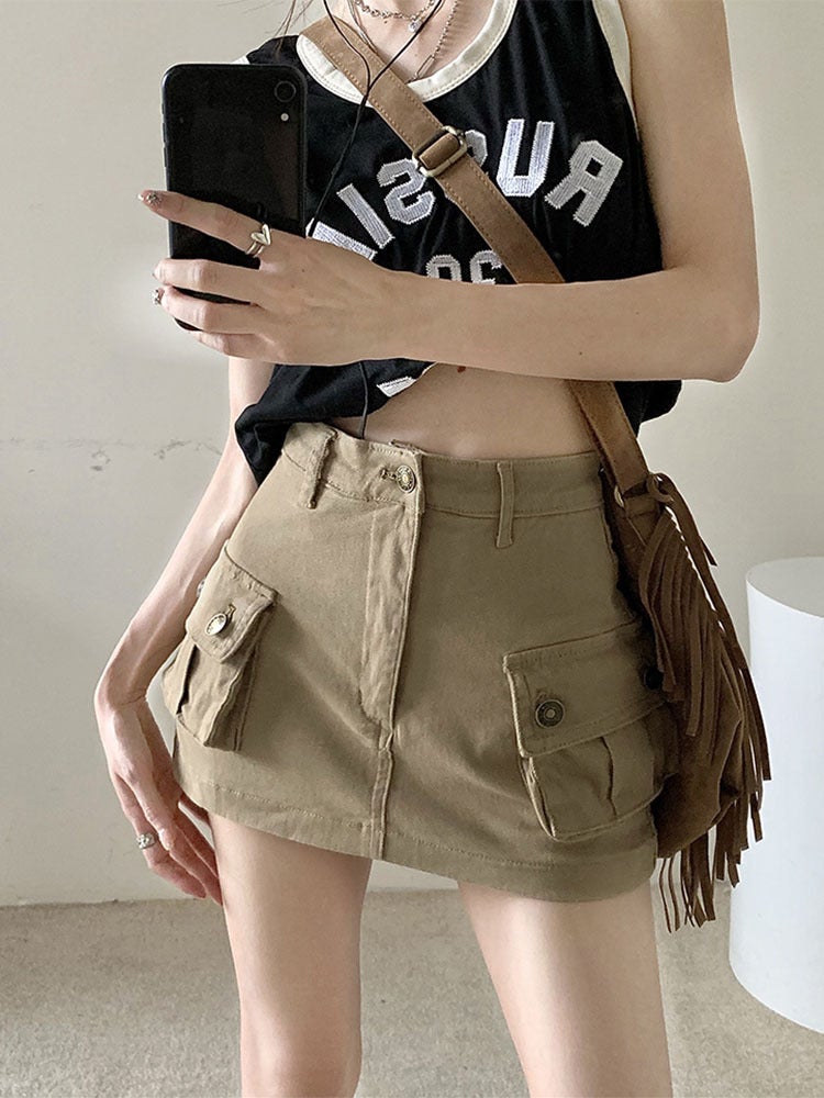 2023 Summer Spice Girl Anti-glare Denim khaki Workwear Skirt Slim Look American Skirt High Waist A- line Skirt Khaki