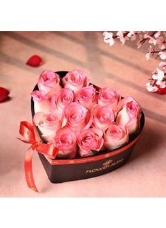 Floweraura FlowerAura Fresh Live Flower Bouquet of 13 Pink Roses In Heart Box For Birthday Gift Anniversary Gift Valentines Day Rose Day Gift For Boyfriend Girlfriend Wife Husband Same Day Delivery  - Image 1