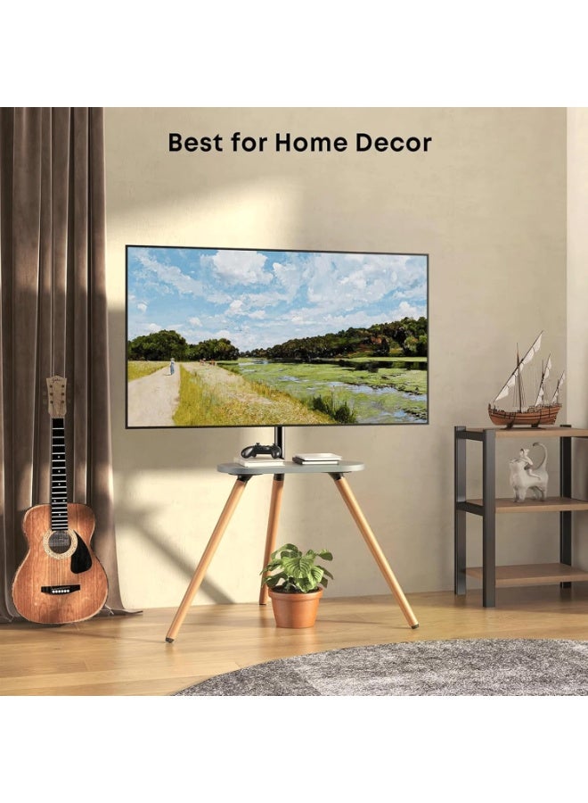 هوم كير حامل تلفزيون منزلي للشاشات من 32 إلى 75 بوصة بتقنية LED وLCD وOLED، حامل تلفزيون ثلاثي القوائم دوار محمول مع صينية خشبية، حامل أرضي قابل لتعديل الارتفاع، نظام إدارة كابلات مخفي، لون أسود - Image 2
