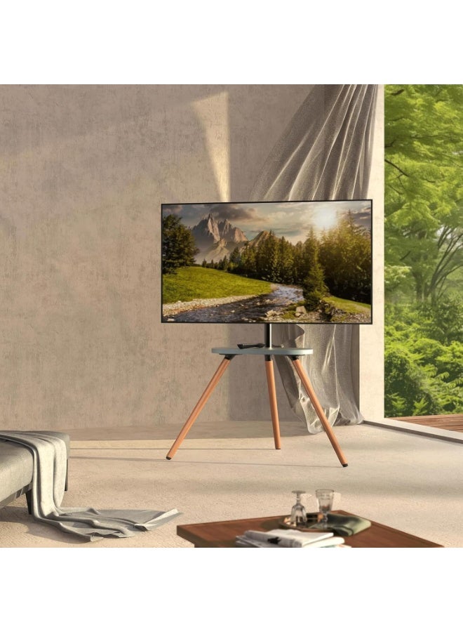 هوم كير حامل تلفزيون منزلي للشاشات من 32 إلى 75 بوصة بتقنية LED وLCD وOLED، حامل تلفزيون ثلاثي القوائم دوار محمول مع صينية خشبية، حامل أرضي قابل لتعديل الارتفاع، نظام إدارة كابلات مخفي، لون أسود - Image 3