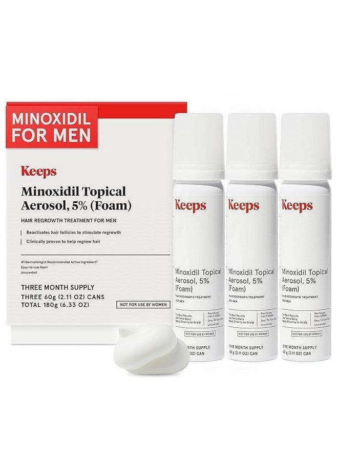 Keeps Extra Strength Minoxidil For Men Topical Aerosol Foam 5%, Hair Growth Treatment - 3 Month Supply (3 X 2.11Oz Bottles) - Thicker, Longer Hair - Slows Hair Loss & Promotes Hair Regrowth  - Image 1