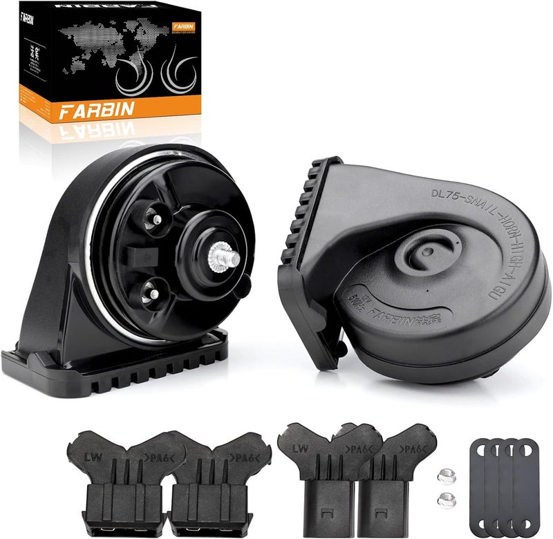 FARBIN Car Horn Application to Audi Volkswagen, 12V Waterproof Auto Horn Loud High/Low Tone Electric Snail Horns with Protective Grill (black horn with plug for Audi) - Image 1