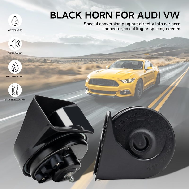FARBIN Car Horn Application to Audi Volkswagen, 12V Waterproof Auto Horn Loud High/Low Tone Electric Snail Horns with Protective Grill (black horn with plug for Audi) - Image 2
