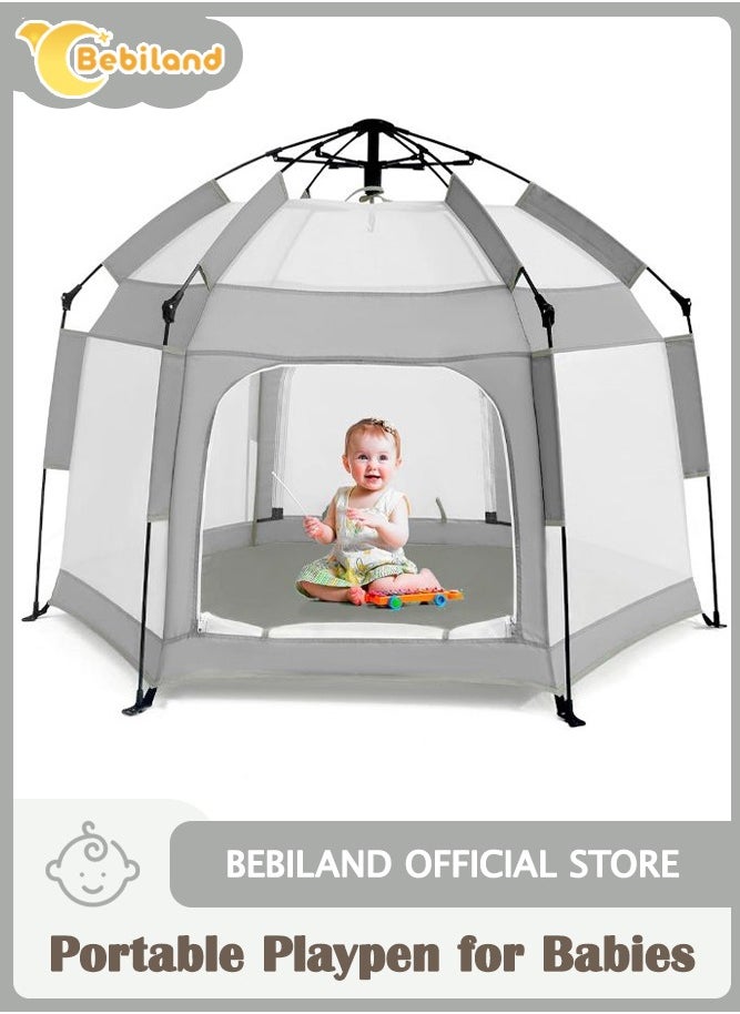 Bebiland 110cm×148xm Baby Playpen with Canopy, Portable Baby Beach Tent, Toddler Play Yard Indoor and Outdoor, Foldable Mosquito Net for Infant, Grey  - Image 1