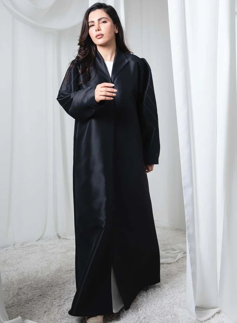MSquare Fashion Black Victoria Satin Abaya with Puff Shoulders and Threadwork
