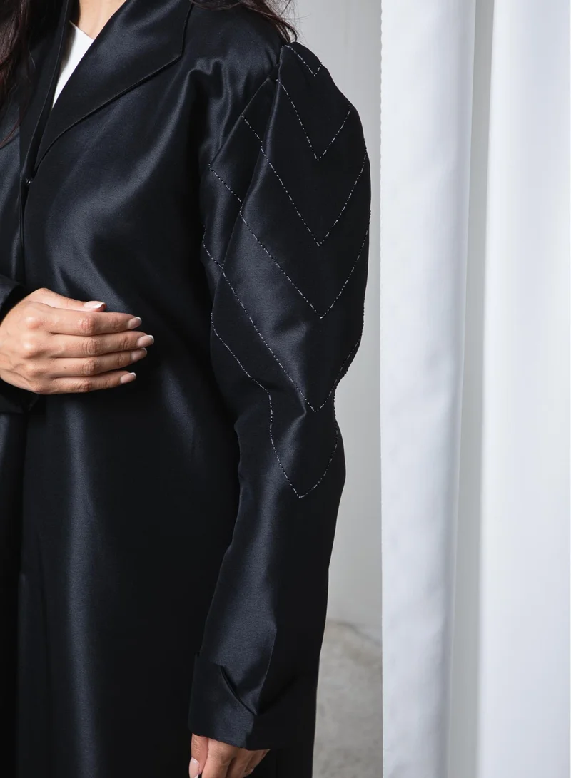 MSquare Fashion Black Victoria Satin Abaya with Puff Shoulders and Threadwork