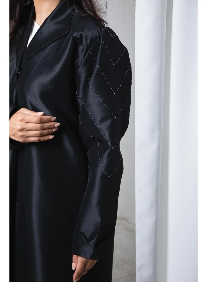 MSquare Fashion  Black Victoria Satin Abaya with Puff Shoulders and Threadwork for Women | Best Price UAE