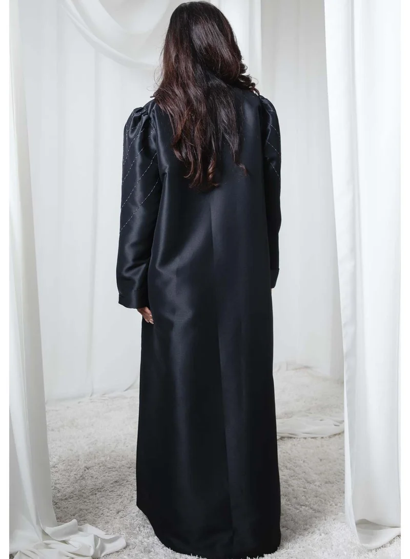MSquare Fashion  Black Victoria Satin Abaya with Puff Shoulders and Threadwork for Women | Best Price UAE