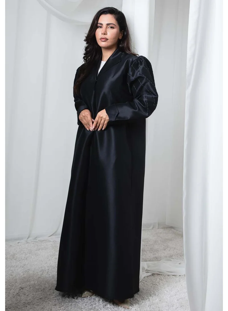 MSquare Fashion  Black Victoria Satin Abaya with Puff Shoulders and Threadwork for Women | Best Price UAE