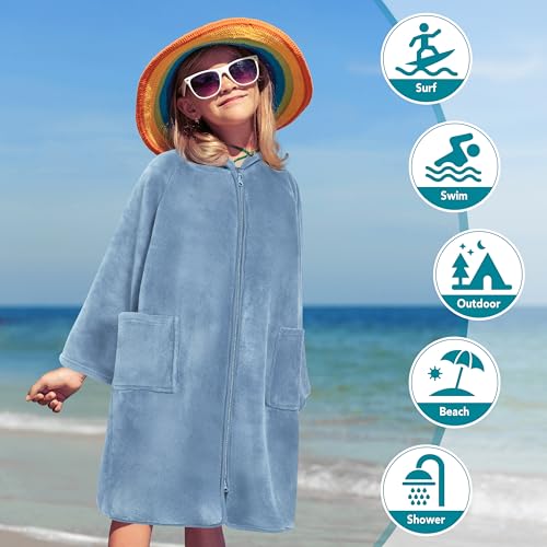 Suncube SUN CUBE Hooded Towel Robe for Kids, Zip Up Swim Parka Beach Cover Up for Girls, Surf Poncho for Boys Warm Changing Bath Towel for Pool with Zipper Hood 7-10, Light Blue - Image 5