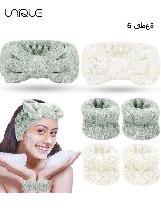 Unique 6Pcs Spa Headband and Wrist Washband Set, 2 Pieces Makeup Facial Face Wash Headband and 4 Pieces Wrist Bands for Washing Face Terry Cloth Headbands for Women Girls（Green + White） - Image 1
