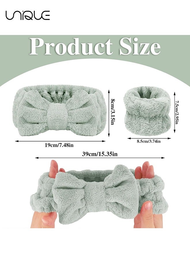 Unique 6Pcs Spa Headband and Wrist Washband Set, 2 Pieces Makeup Facial Face Wash Headband and 4 Pieces Wrist Bands for Washing Face Terry Cloth Headbands for Women Girls（Green + White） - Image 2