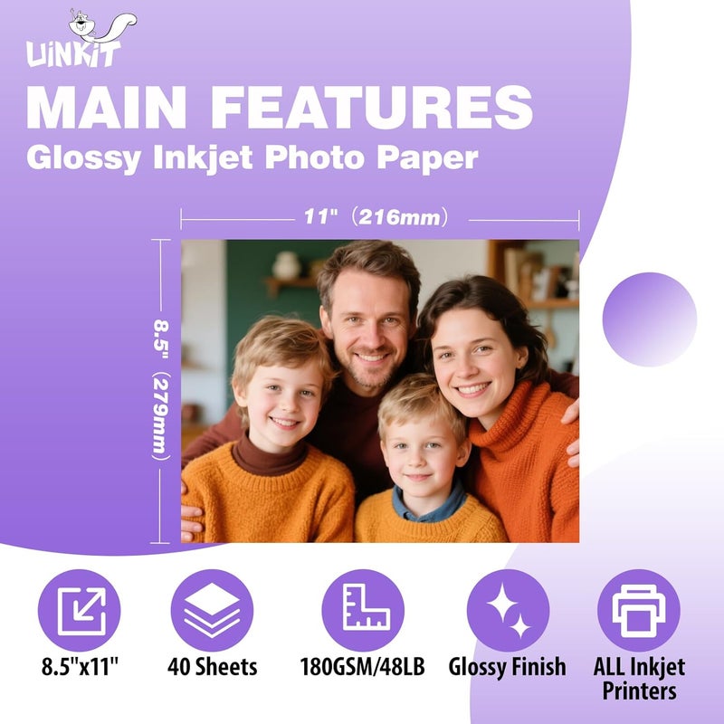 Uinkit 40 Sheets37lb Thin Flyer Paper Glossy 8.5x11 Inkjet Single Side DIY Chip Bag 135gsm Photos Picture for Inkjet Printer with Dye Ink Letter size A4 Brochure - Image 2