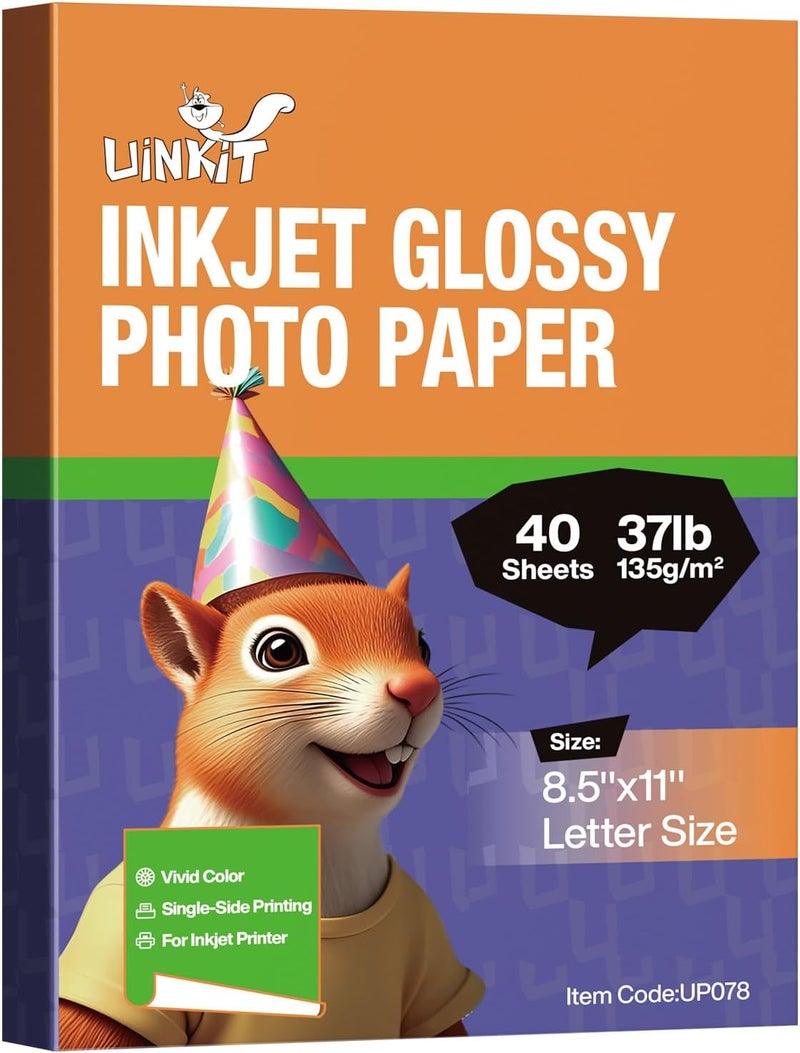 Uinkit 40 Sheets37lb Thin Flyer Paper Glossy 8.5x11 Inkjet Single Side DIY Chip Bag 135gsm Photos Picture for Inkjet Printer with Dye Ink Letter size A4 Brochure - Image 1