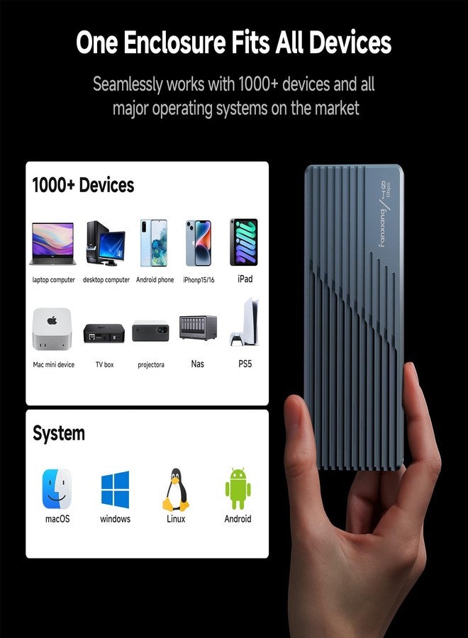 فانشيانج علبة أقراص SSD من نوع M.2 NVMe من فانشيانغ بسرعة 40 جيجابت في الثانية مزودة بمروحة تبريد، متوافقة مع منافذ USB 4/3.2/3.1/3.0، و Thunderbolt 3/4، ومحولات/قارئات USB، تدعم مفاتيح M وأحجام أقراص SSD من نوع 2230/2242/2260/2280، و MP400 - Image 5