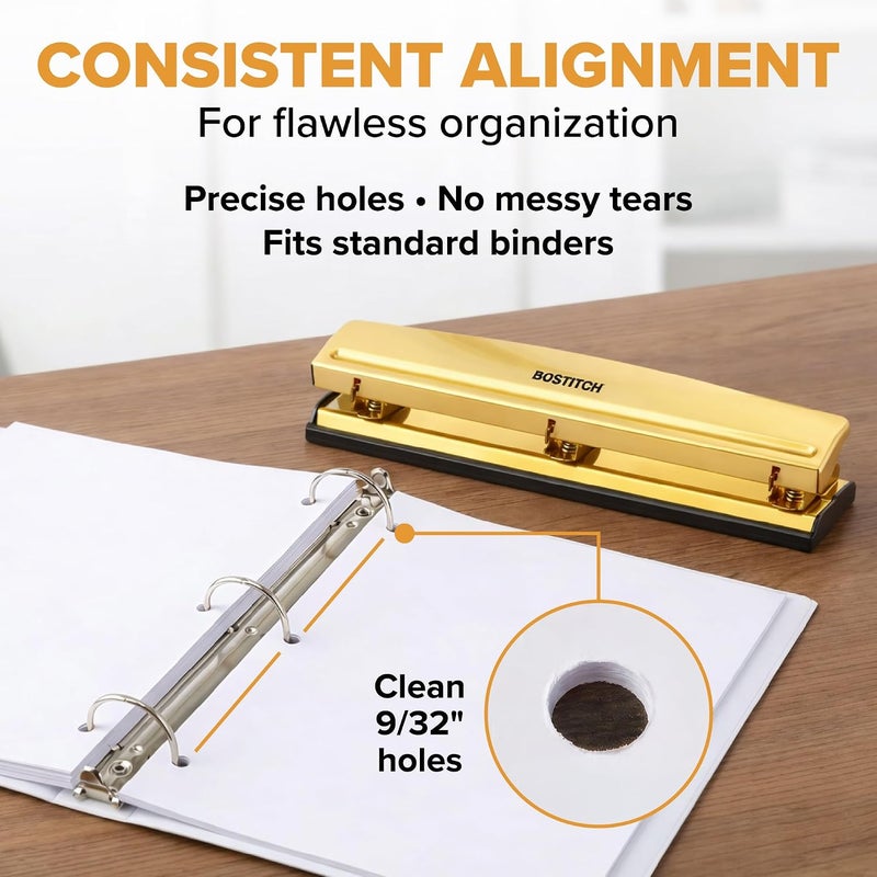 Bostitch 3 Hole Paper Punch, 15 Sheet Capacity, Metal Office Hole Puncher with Chip Tray, Non-Slip Base, 9/32" Holes, Perfect for Binders, School, Home & Office, Gold - Image 3