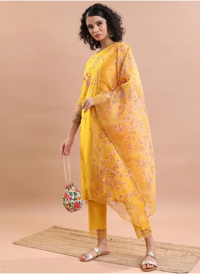 Vishudh Women Yellow Embroidered Kurta Set with Dupatta by Styli