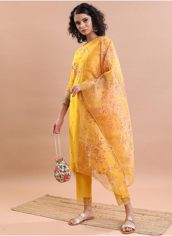 Vishudh - Women Yellow Embroidered Kurta Set with Dupatta by Styli - Image 1
