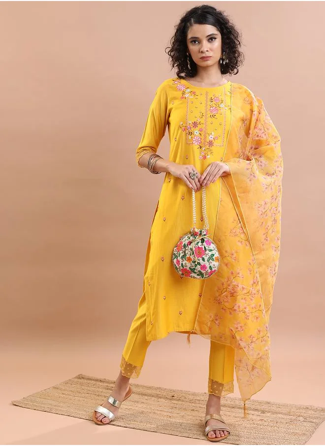 Vishudh Women Yellow Embroidered Kurta Set with Dupatta by Styli