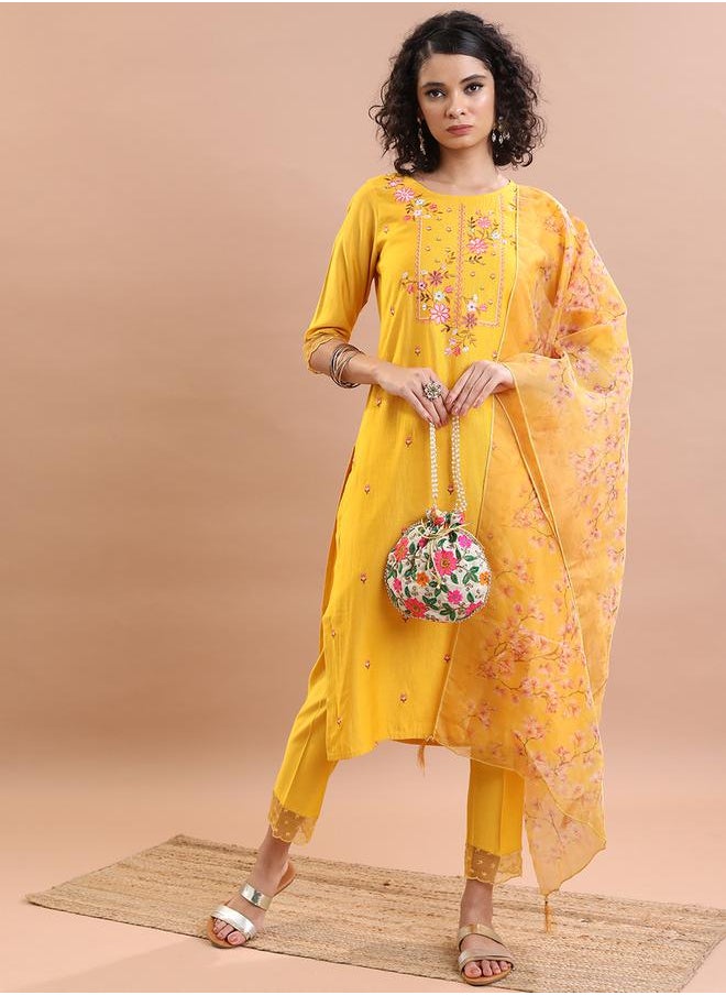 Vishudh - Women Yellow Embroidered Kurta Set with Dupatta by Styli - Image 1