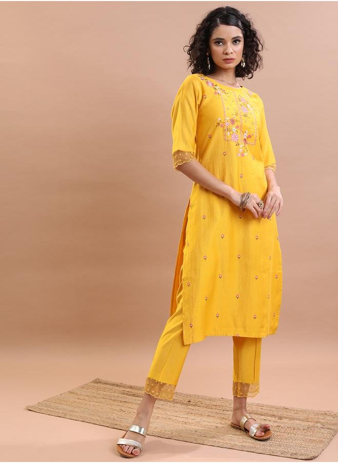 Vishudh - Women Yellow Embroidered Kurta Set with Dupatta by Styli - Image 1