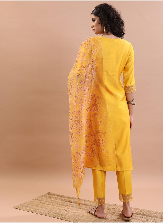 Vishudh - Women Yellow Embroidered Kurta Set with Dupatta by Styli - Image 1