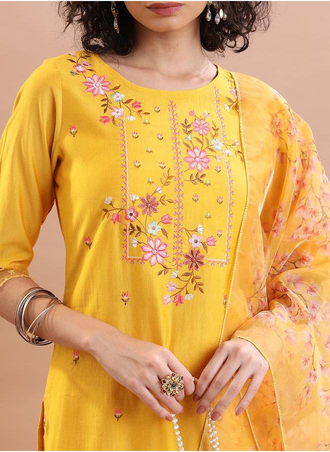Vishudh - Women Yellow Embroidered Kurta Set with Dupatta by Styli - Image 1