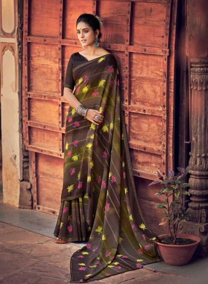 Grab Mantra Dark Brown Floral Georgette saree with unstitched Blouse  - Image 3