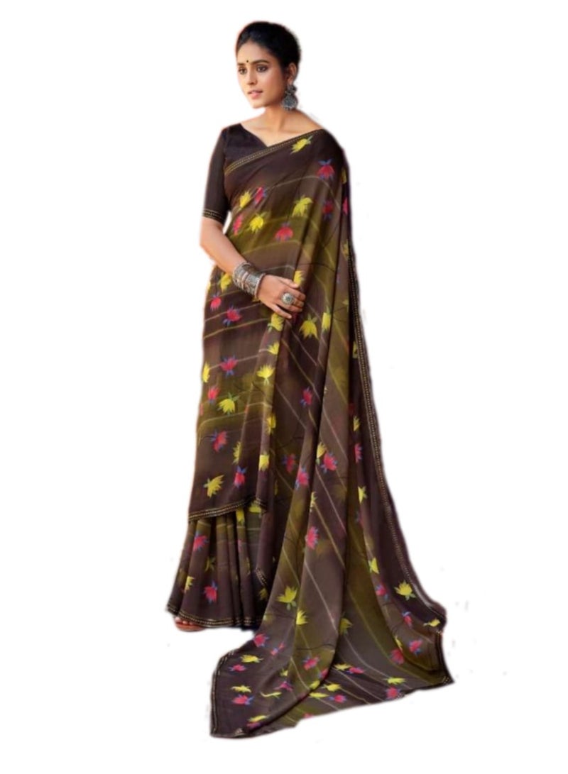 Grab Mantra Dark Brown Floral Georgette saree with unstitched Blouse  - Image 1