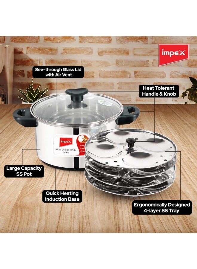 Impex Stainless Steel Idli Cooker With Glass Lid | Induction and Gas Stove Competable Idli Maker | 4.5 liter Idly Cooker with 4 Plates | 1 year Warranty, Silver - Image 2