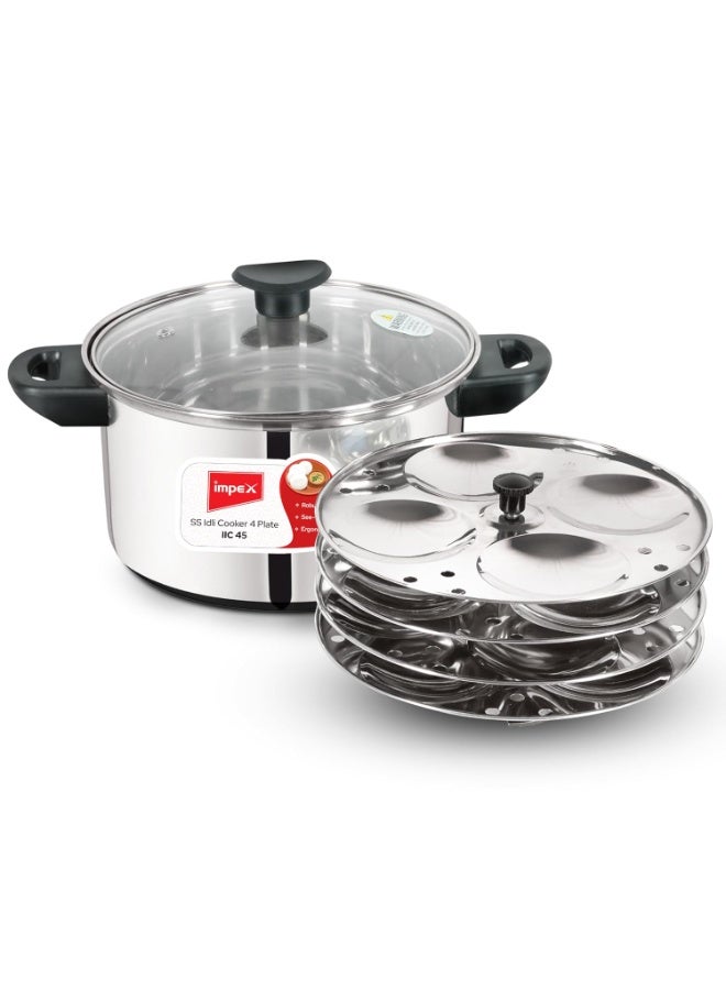 Impex Stainless Steel Idli Cooker With Glass Lid | Induction and Gas Stove Competable Idli Maker | 4.5 liter Idly Cooker with 4 Plates | 1 year Warranty, Silver - Image 4