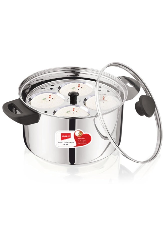 Impex Stainless Steel Idli Cooker With Glass Lid | Induction and Gas Stove Competable Idli Maker | 4.5 liter Idly Cooker with 4 Plates | 1 year Warranty, Silver - Image 1