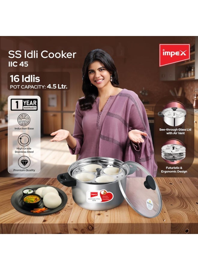 Impex Stainless Steel Idli Cooker With Glass Lid | Induction and Gas Stove Competable Idli Maker | 4.5 liter Idly Cooker with 4 Plates | 1 year Warranty, Silver - Image 3