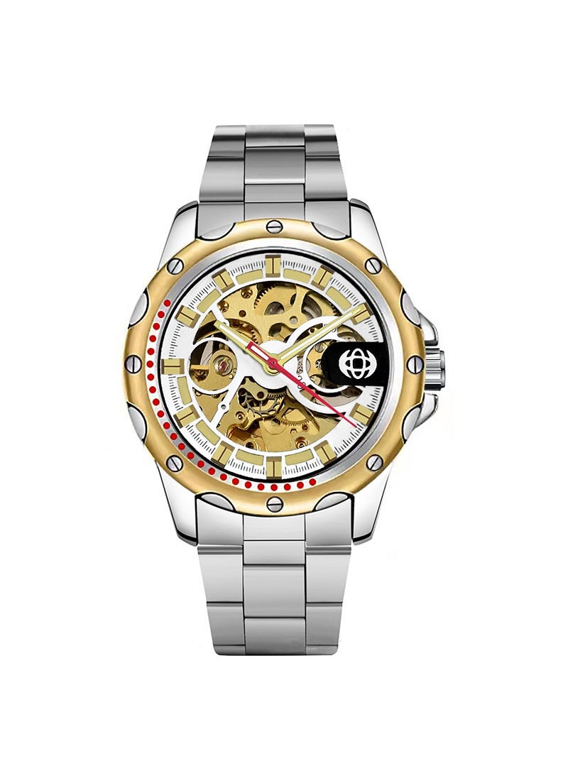 Generic Mens Skeleton Automatic Watch Silicone StrapGold core steel belt with golden White surface Gold core steel belt with golden White surface 