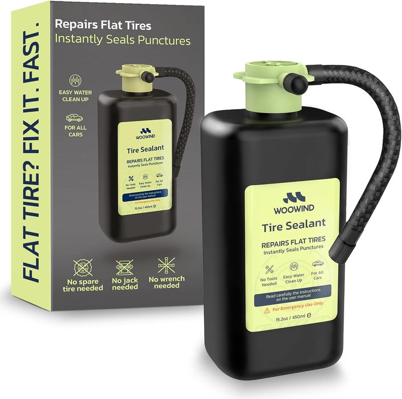 Woowind Tire Sealant Instant Flat Tire Repair Kit (15.22 أونصة) – يغلق الثقوب حتى 0.236 بوصة للسيارات والشاحنات ومركبات الدفع الرباعي – آمن لأنظمة مراقبة ضغط الإطارات، مناسب لكل الفصول، يعمل مع معظم أجهزة النفخ، قيادة لمسافة 125 ميلاً - Image 1