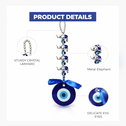 GJ Five Elephant Evil Eye Hanging Wall Decor | Nazar Suraksha Protection Charm for Home & Office | Blue Glass Evil Eye Hanging for Door, Wall & Entrance | for Good Luck and Prosperity | 20CM - Image 2