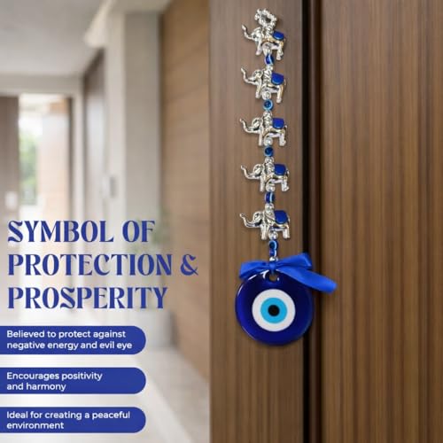 GJ Five Elephant Evil Eye Hanging Wall Decor | Nazar Suraksha Protection Charm for Home & Office | Blue Glass Evil Eye Hanging for Door, Wall & Entrance | for Good Luck and Prosperity | 20CM - Image 4
