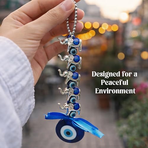 GJ Five Elephant Evil Eye Hanging Wall Decor | Nazar Suraksha Protection Charm for Home & Office | Blue Glass Evil Eye Hanging for Door, Wall & Entrance | for Good Luck and Prosperity | 20CM - Image 3