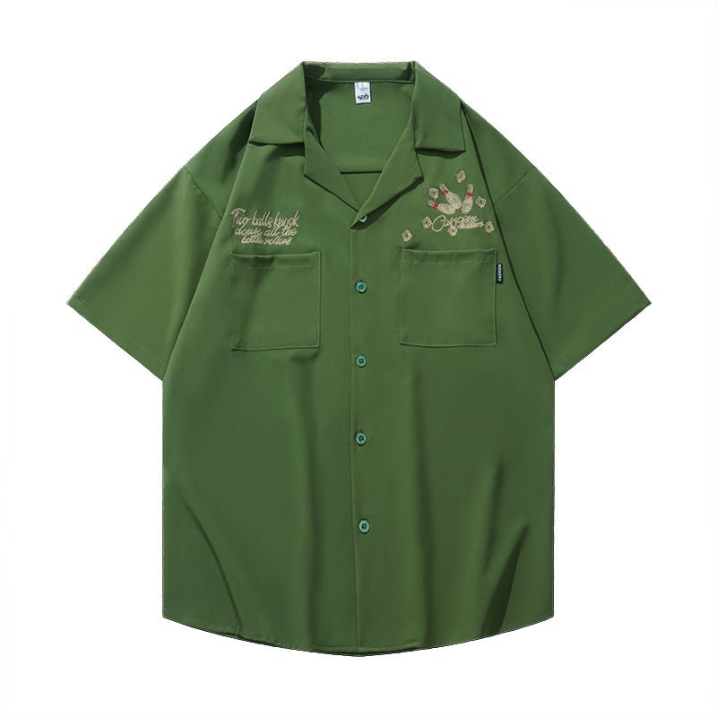 Generic American retro hiphop fried street racing suit shirt mens short sleeve summer loose ins fashion brand motorcycle thin shirt 1266 army green