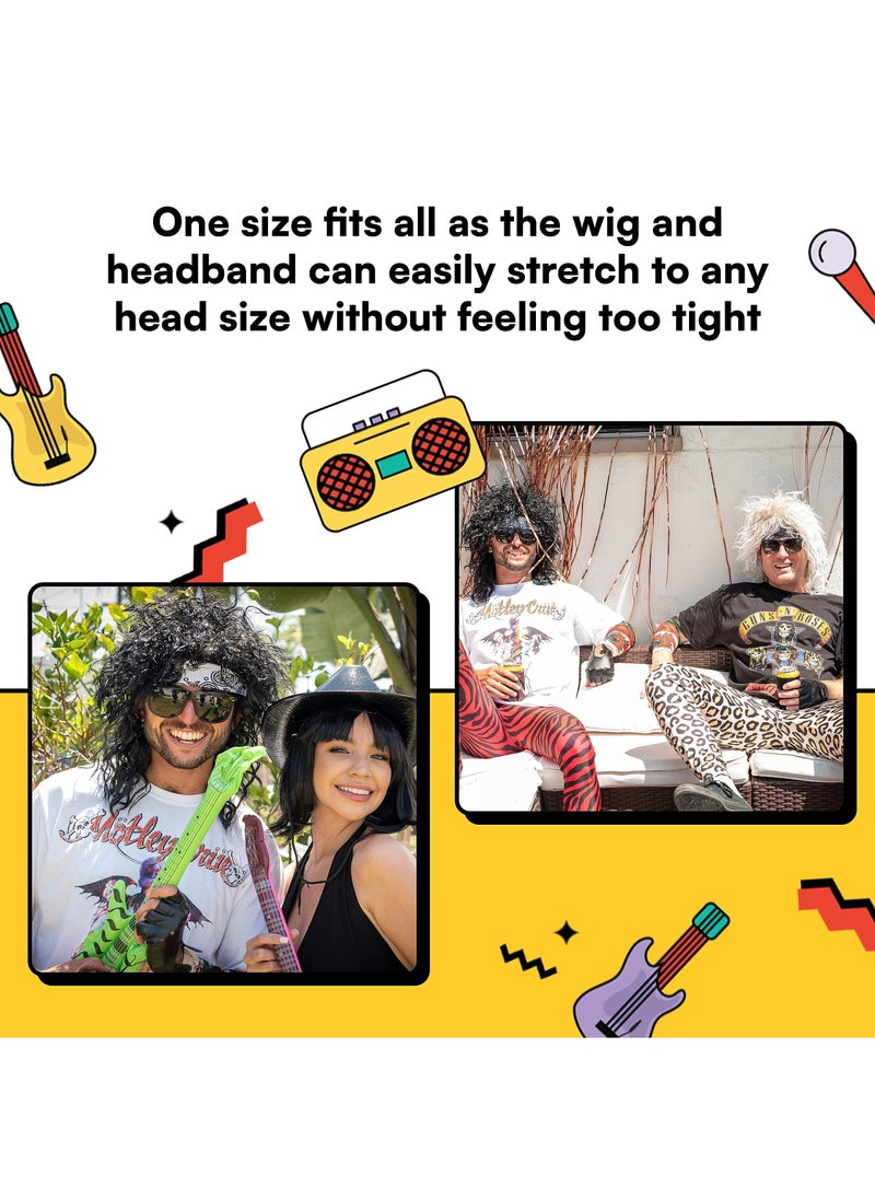 Excefore - 80s Hair Metal Rocker Costume Set, Glam Rock Band Black Curly Wig with Paisley Print Stretch Fabric Headband, Color Sleeve, and Biker Glove - One Size Fits All (Black) - Image 1