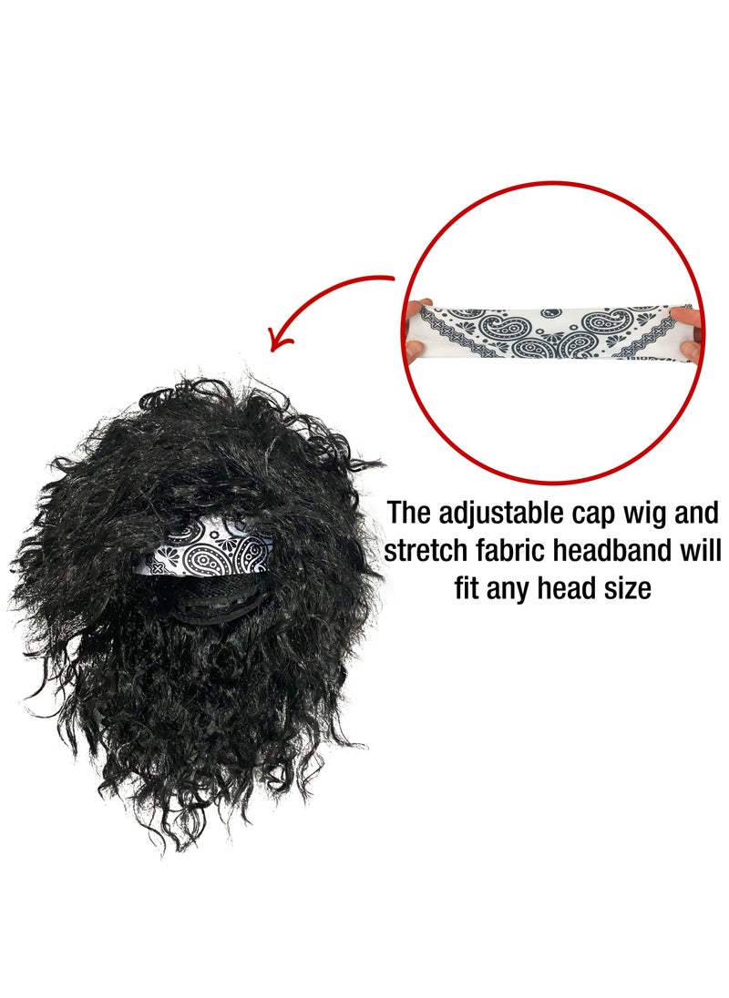 Excefore - 80s Hair Metal Rocker Costume Set, Glam Rock Band Black Curly Wig with Paisley Print Stretch Fabric Headband, Color Sleeve, and Biker Glove - One Size Fits All (Black) - Image 1