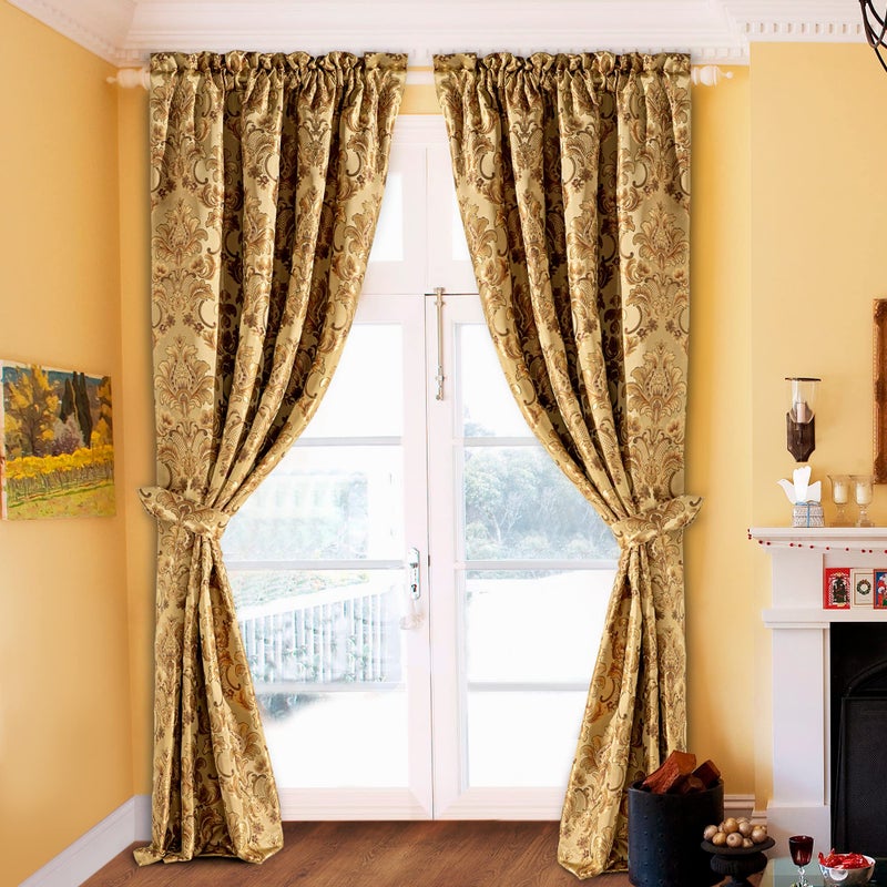 Loom and Mill Luxury Damask Curtains for Living Room, Golden Floral Thick Jacquard Window Treatment with Tiebacks for Bedroom Christmas Party Banquet Decorations (2 Panels, 52 x 84 Inch, Yellow) - Image 3