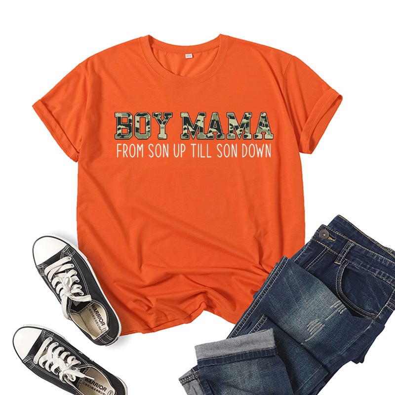 Boys mother Boy Mama printed short sleeve T-shirt European and American mens and womens jacket summer loose wholesale foreign trade cross-border Orange