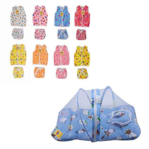 Fareto New Born Baby Combo of 1 Mosquito Net Bed & 8 Baby Jhabla with 8 Nappies(0-6 Months) PID- Blue - Image 1