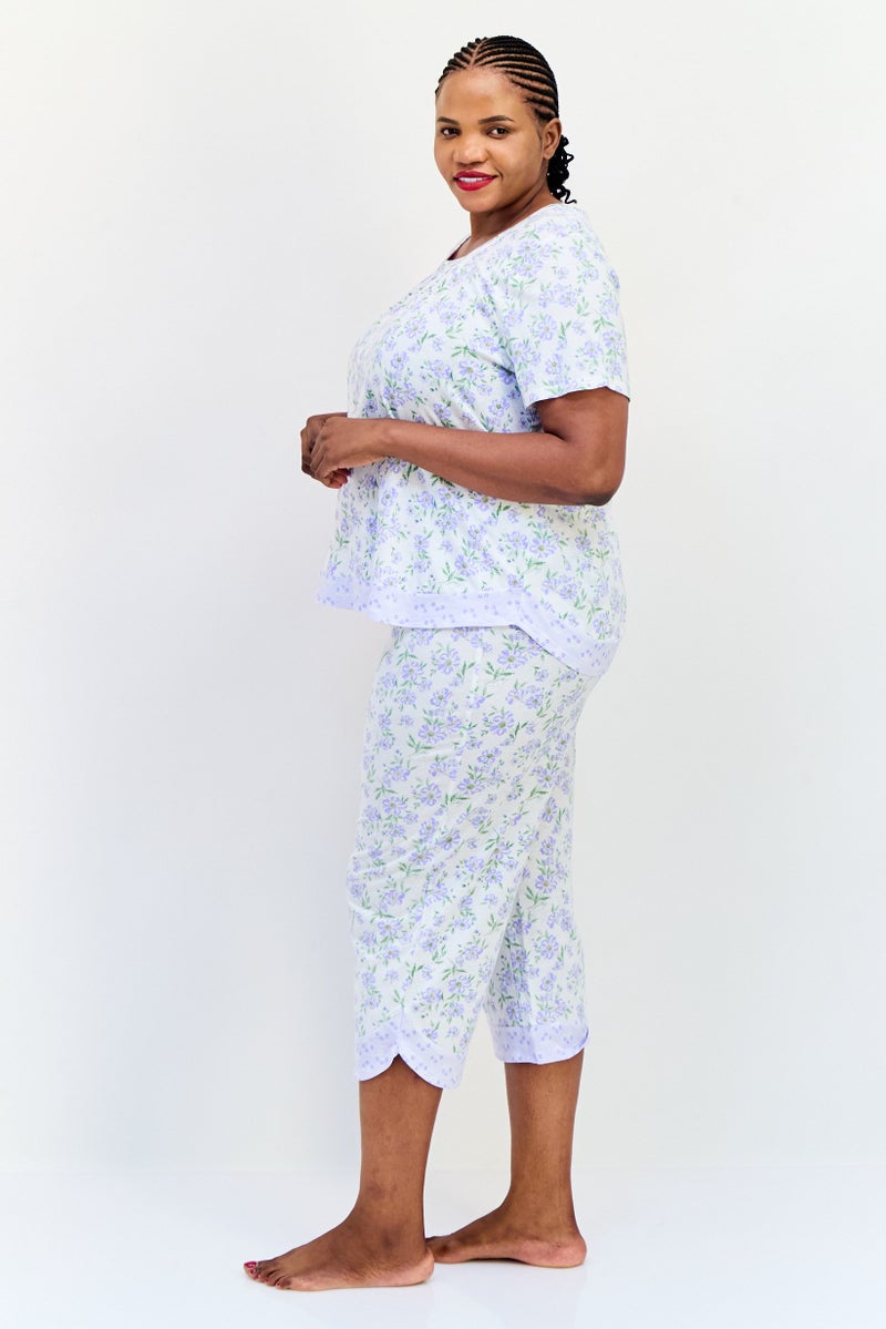 Celestial Dreams Women Plus Size 2Pcs Floral Pattern Sleepwear Set, Multicolor - Image 3