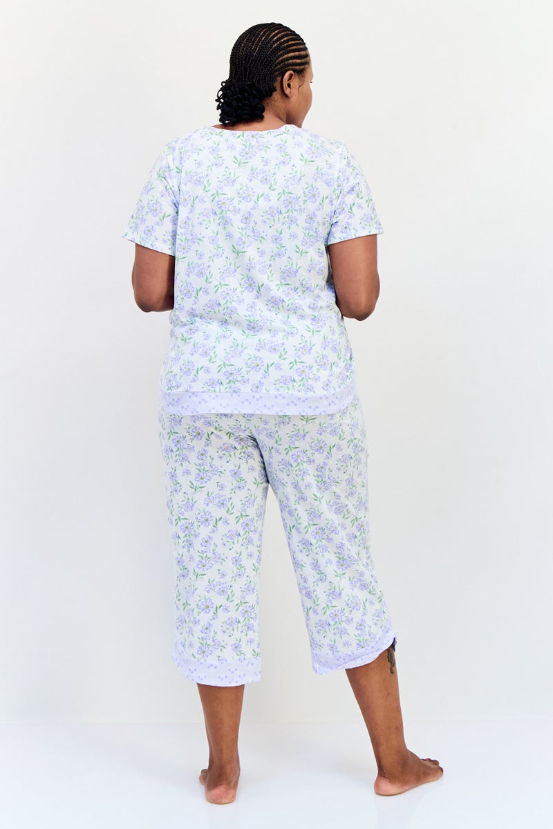 Celestial Dreams Women Plus Size 2Pcs Floral Pattern Sleepwear Set, Multicolor - Image 4