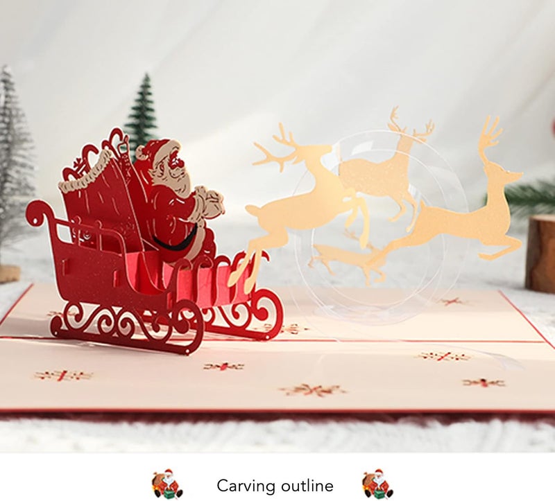 Tyenaza 3D Christmas Cards, Handcraft Beautifully Engraved Deer Cart 3D Popup Greeting Cards, for Christmas Write Blessing or Gift for Holidays - Image 2